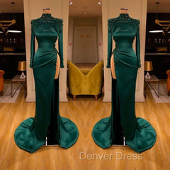 Dark Green Beadings Pearl Long Sleeves Evening Gowns Mermaid Prom Dresses With Slit