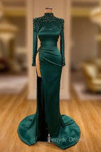 Dark Green Beadings Pearl Long Sleeves Prom Gown Mermaid Prom Dresses With Slit