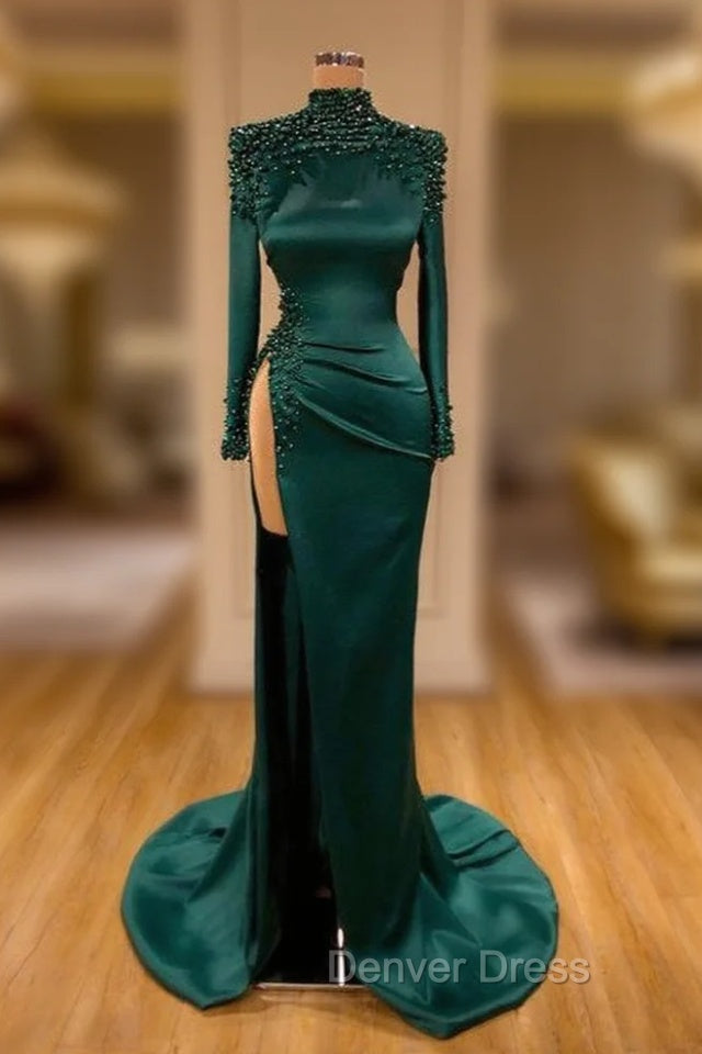 Dark Green Beadings Pearl Long Sleeves Prom Gown Mermaid Prom Dresses With Slit
