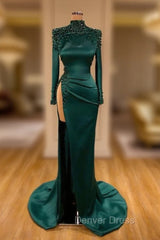 Dark Green Beadings Pearl Long Sleeves Evening Gowns Mermaid Prom Dresses With Slit