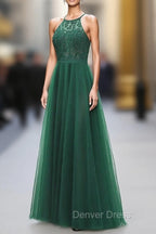 Dark Green Cross Back Tulle Halter Long Party Dresses, A-line Junior Prom Dresses