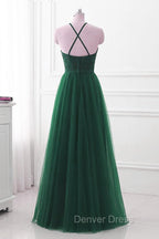 Dark Green Cross Back Tulle Halter Long Party Dresses, A-line Junior Prom Dresses