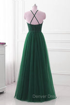Dark Green Cross Back Tulle Halter Long Prom Dress, A Line Junior Prom Dresses