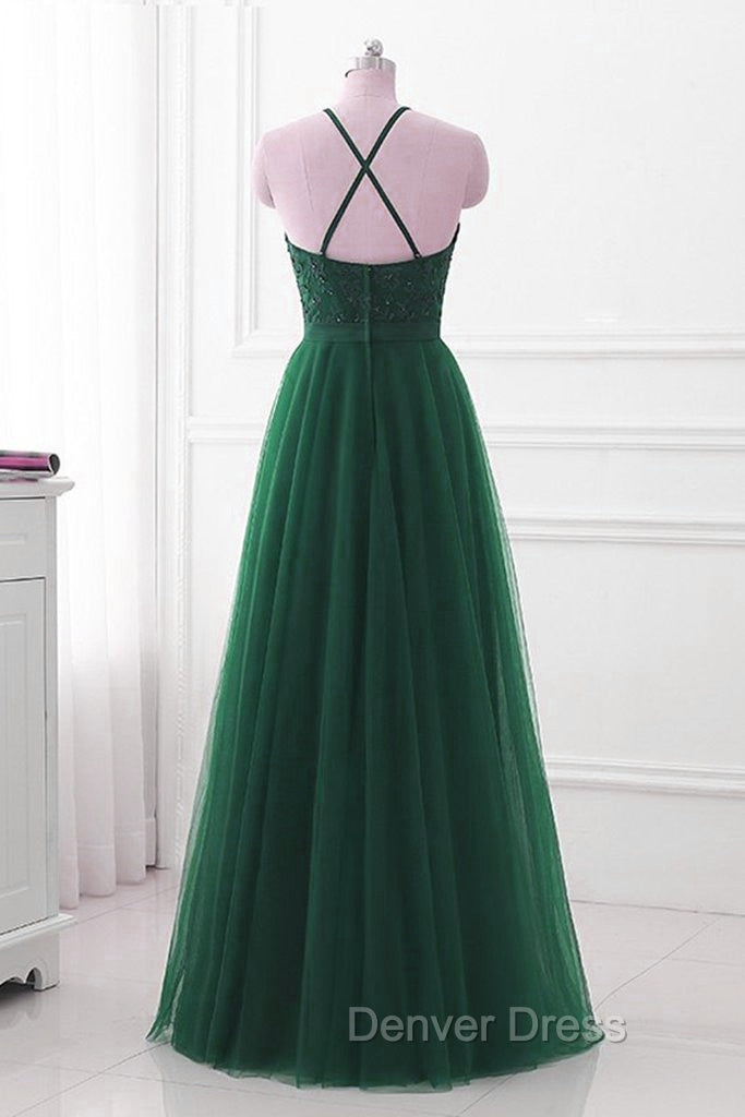 Dark Green Cross Back Tulle Halter Long Prom Dress, A Line Junior Prom Dresses