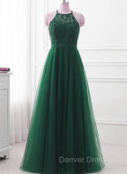Dark Green Cross Back Tulle Halter Long Party Dresses, A-line Junior Prom Dresses