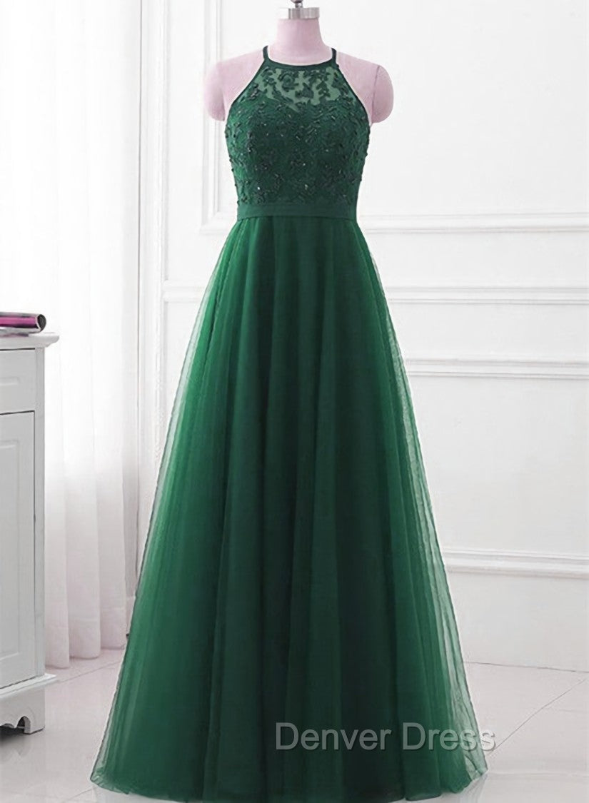 Dark Green Cross Back Tulle Halter Long Party Dresses, A-line Junior Prom Dresses