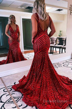 Dark Green Deep V Neck Sequin Mermaid Prom Dress