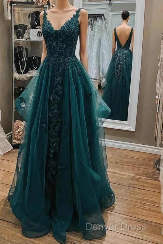 Dark Green Lace Beaded Long Prom Dress, V Neck Backless Prom Dresses Main image