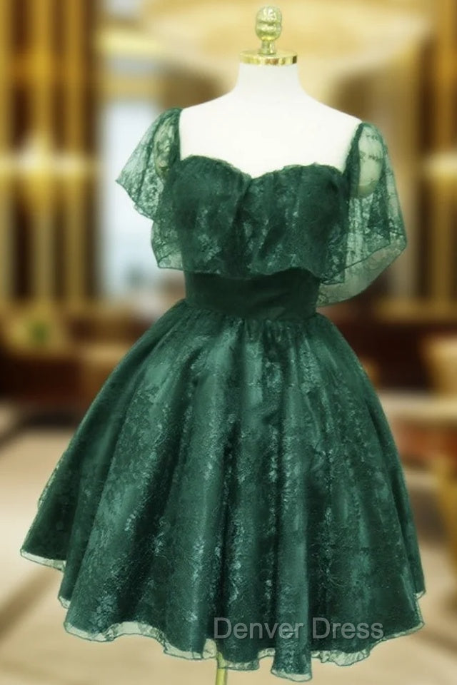 Dark Green Lace Off Shoulder Short Party Dresses, Lace Homecoming Dresses Main image