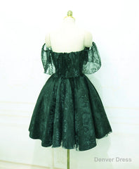 Dark Green Lace Off Shoulder Short Party Dress, Lace Homecoming Dress