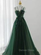 Dark Green Long Beaded A-line Evening Dresses Party Dresses, Green Prom Dresses