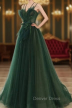 Dark Green Long Beaded A-line Evening Dresses Party Dresses, Green Prom Dresses
