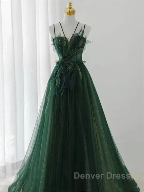 Dark Green Long Beaded A-Line Evening Dresses Party Dresses Prom Dresses Formal Dresses December Wedding Guest Dresses