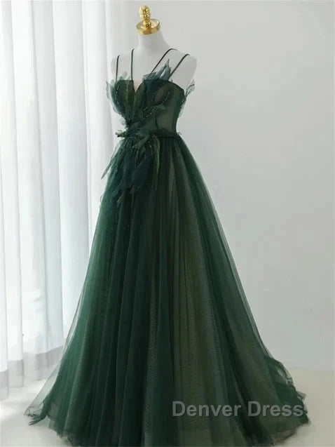 Dark Green Long Beaded A-Line Evening Dresses Party Dresses Prom Dresses Formal Dresses December Wedding Guest Dresses