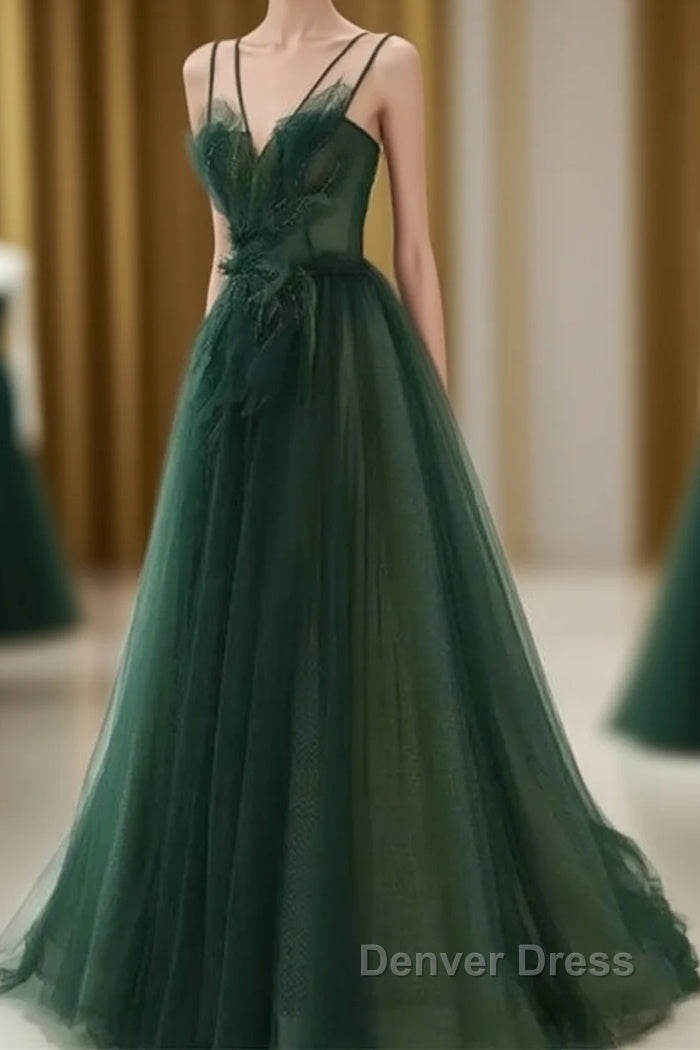 Dark Green Long Beaded A-Line Evening Dresses Party Dresses Prom Dresses Formal Dresses December Wedding Guest Dresses