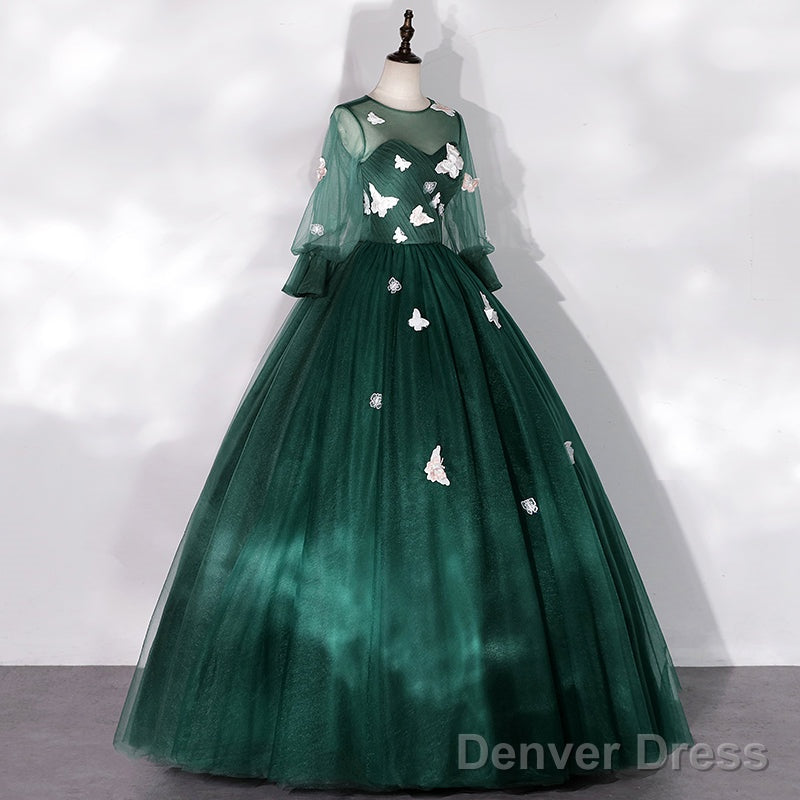 Dark Green Long Sleeves Ball Gown Sweet 16 Dresses, Green Tulle Round Neckline Prom Dresses