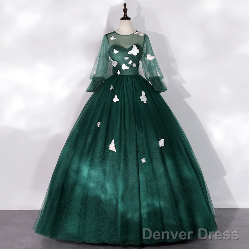 Dark Green Long Sleeves Ball Gown Sweet 16 Dresses, Green Tulle Round Neckline Prom Dresses