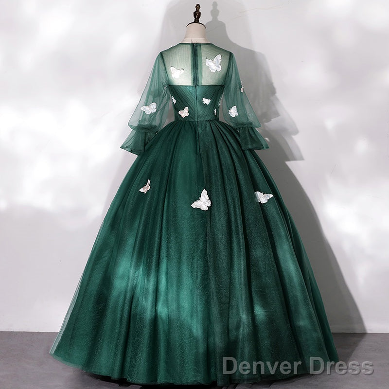 Dark Green Long Sleeves Ball Gown Sweet 16 Dresses, Green Tulle Round Neckline Prom Dresses