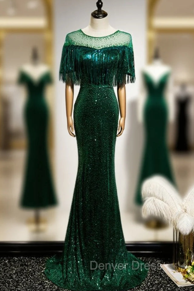 Dark Green Mermadi Sequins Tassel Short Sleeve Prom Dresses Main image