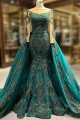 Dark Green Mermaid Long Sleeve Appliques Beading Prom Dresses