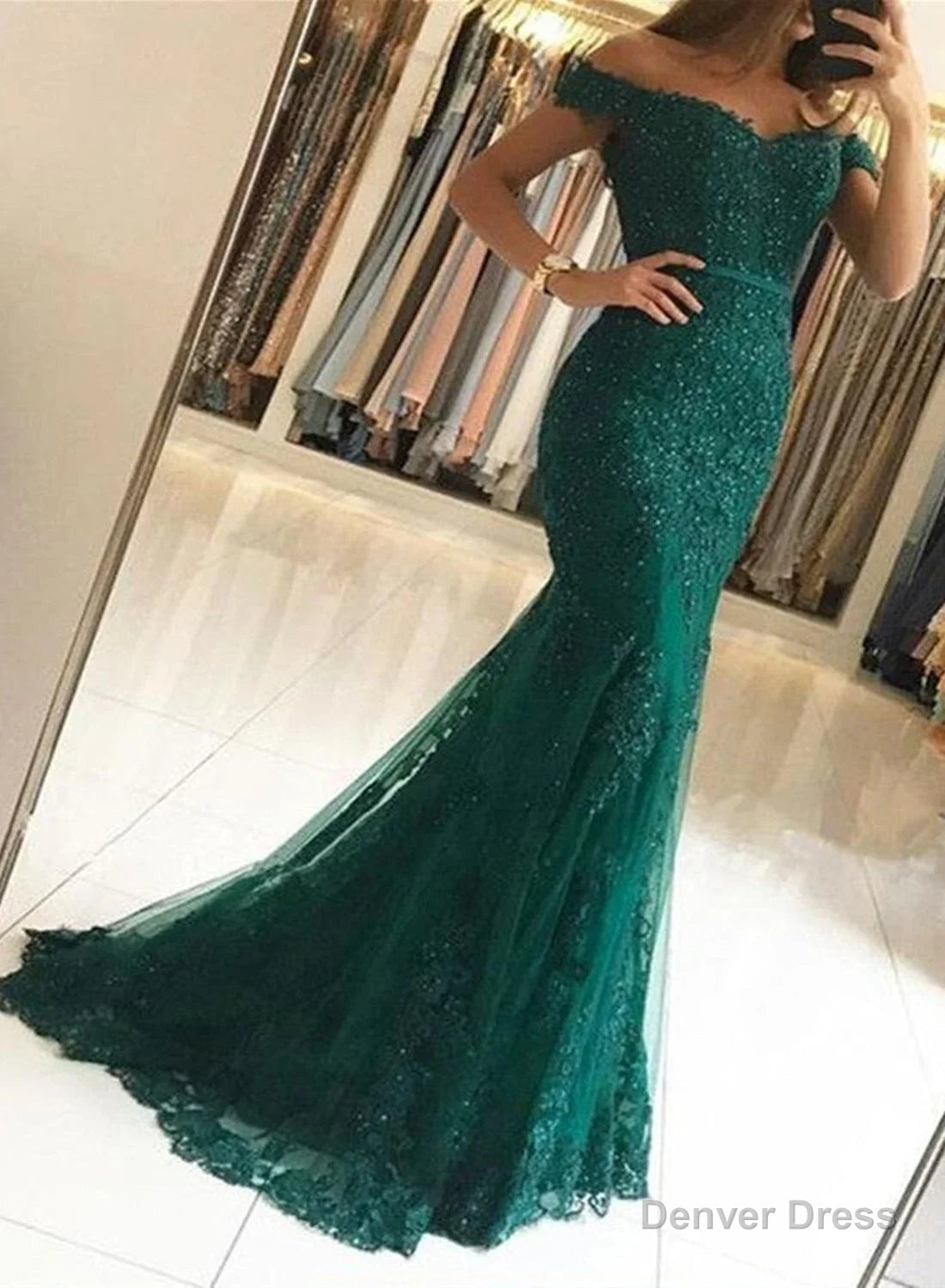 Dark Green Mermaid Off Shoulder Prom Dress with Lace Mermaid Prom Dress shops Main image
