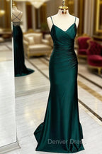 Dark Green Mermaid Satin Long Prom Dresses