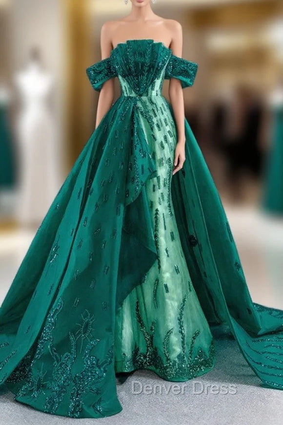 Dark Green Mermaid Satin Sequins Off the Shoulder Prom Dresses Main image