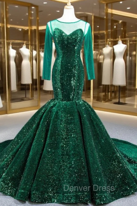 Dark Green Mermaid Sequins Long Sleeve Prom Dresses With Train
