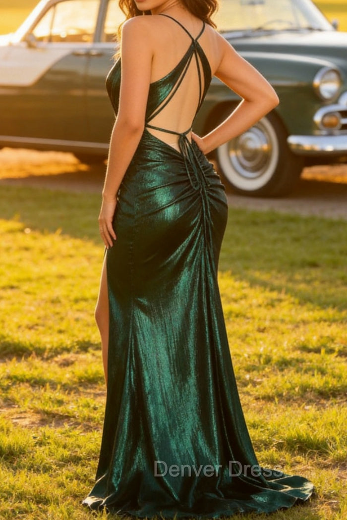 Dark Green Mermaid Spaghetti Straps Long Prom Dress with Open Back