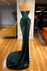 Dark Green Mermaid Spaghetti-Straps Satin Long Prom Dresses With Beadings