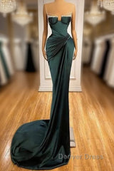 Dark Green Mermaid Spaghetti-Straps Satin Long Prom Dresses With Beadings