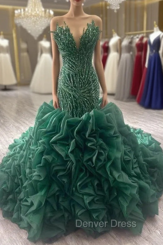 Dark Green Mermaid Strapless Ruffles Beading Prom Dresses Main image
