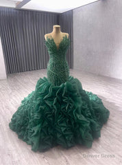 Dark Green Mermaid Strapless Ruffles Beading Prom Dress