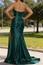 Dark Green Mermaid Sweetheart Corset Long Prom Dresses with Slit
