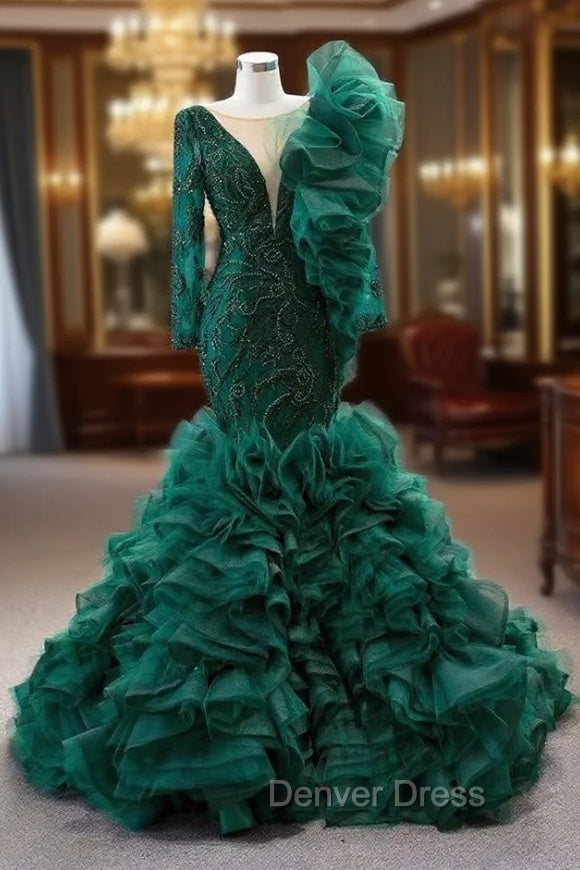 Dark Green Mermaid Tulle Beading Prom Dresses