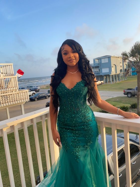 Dark Green Mermaid Tulle Lace Prom Dresses Winter Prom Gowns Main image