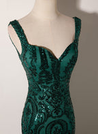 Dark Green Mermaid Tulle With Sequins Straps Prom Dress, Mermaid Long Prom Dresses