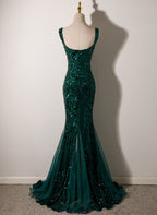 Dark Green Mermaid Tulle With Sequins Straps Prom Dress, Mermaid Long Prom Dresses