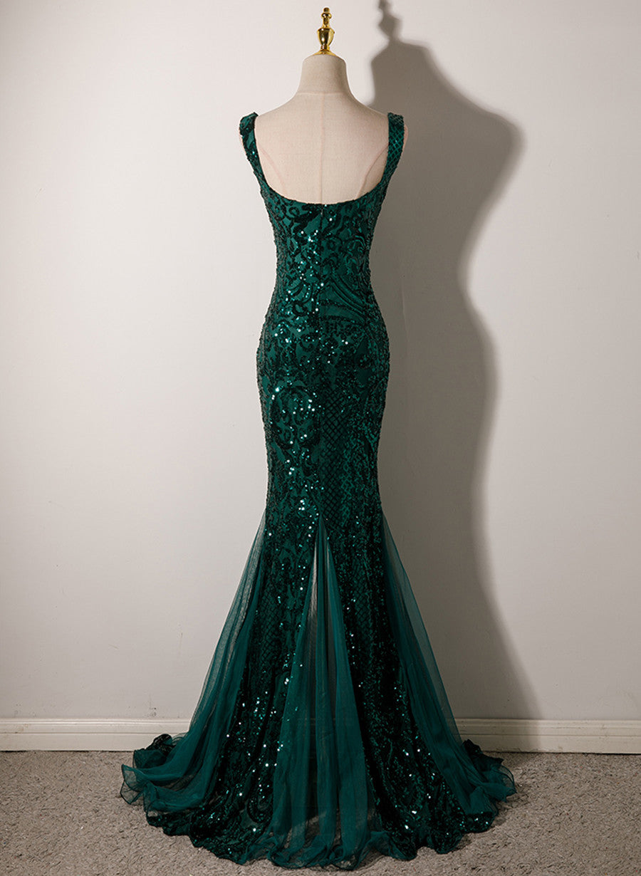 Dark Green Mermaid Tulle With Sequins Straps Prom Dress, Mermaid Long Prom Dresses