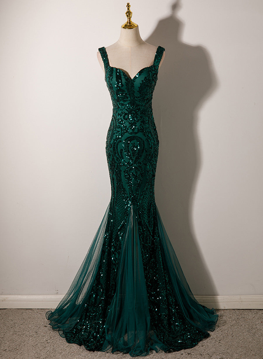 Dark Green Mermaid Tulle With Sequins Straps Prom Dress, Mermaid Long Prom Dresses Main image