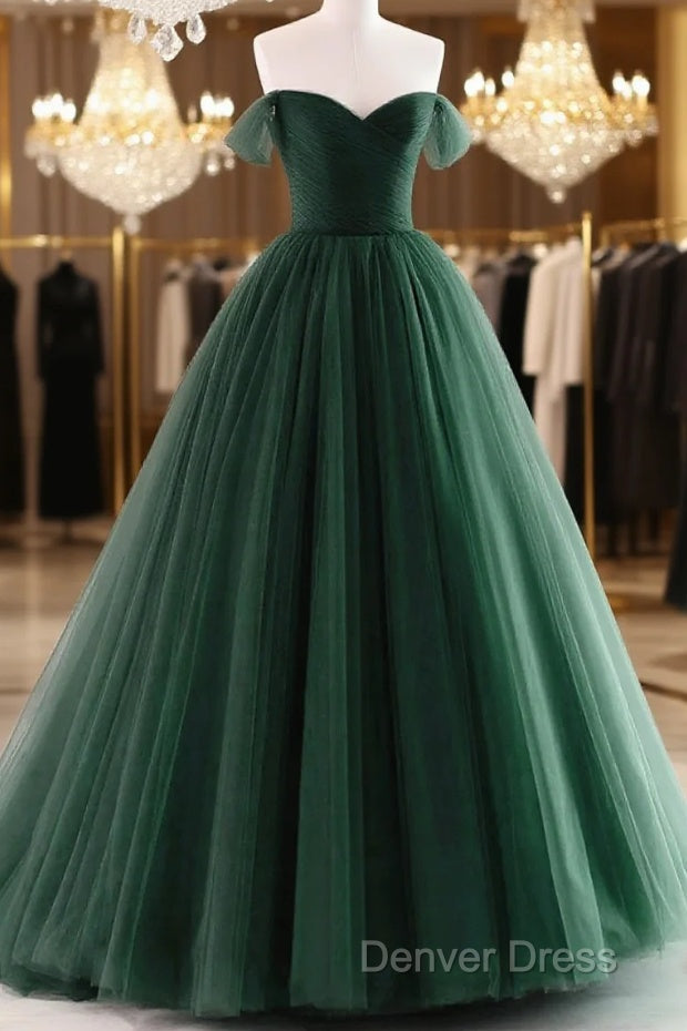 Dark Green Off Shoulder Sweetheart Long Prom Dress, Dark Green Sweet 16 Dresses