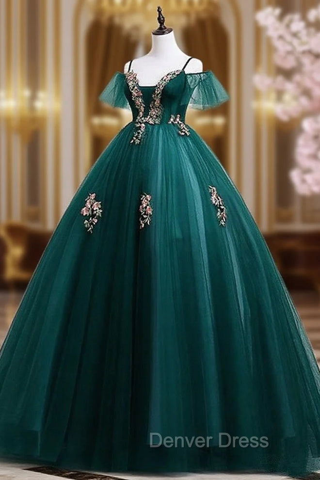 Dark Green Off Shoulder Tulle Party Dresses with Lace, Green Formal Dresses Prom Dresses Main image