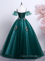Dark Green Off Shoulder Tulle Party Dresses with Lace, Green Formal Dresses Prom Dresses