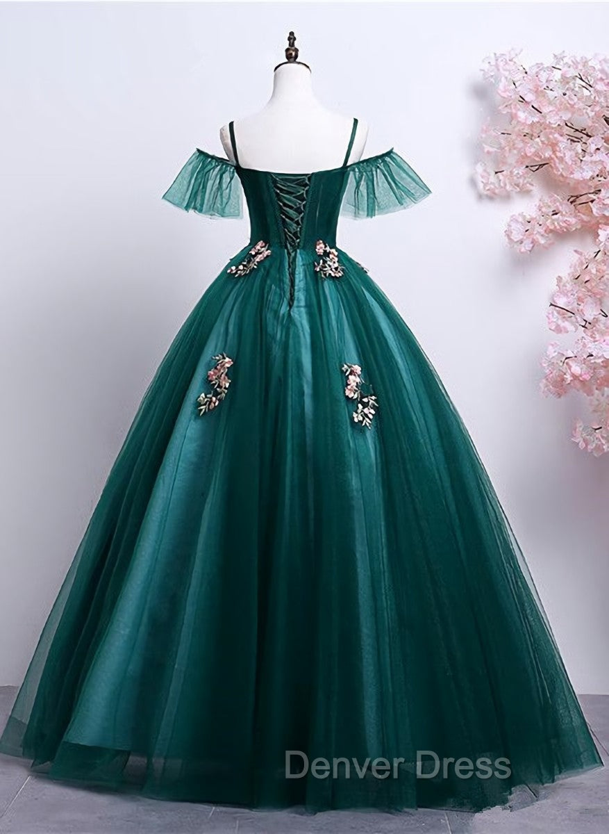 Dark Green Off Shoulder Tulle Party Dresses with Lace, Green Formal Dresses Prom Dresses
