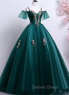 Dark Green Off Shoulder Tulle Party Dresses with Lace, Green Formal Dresses Prom Dresses