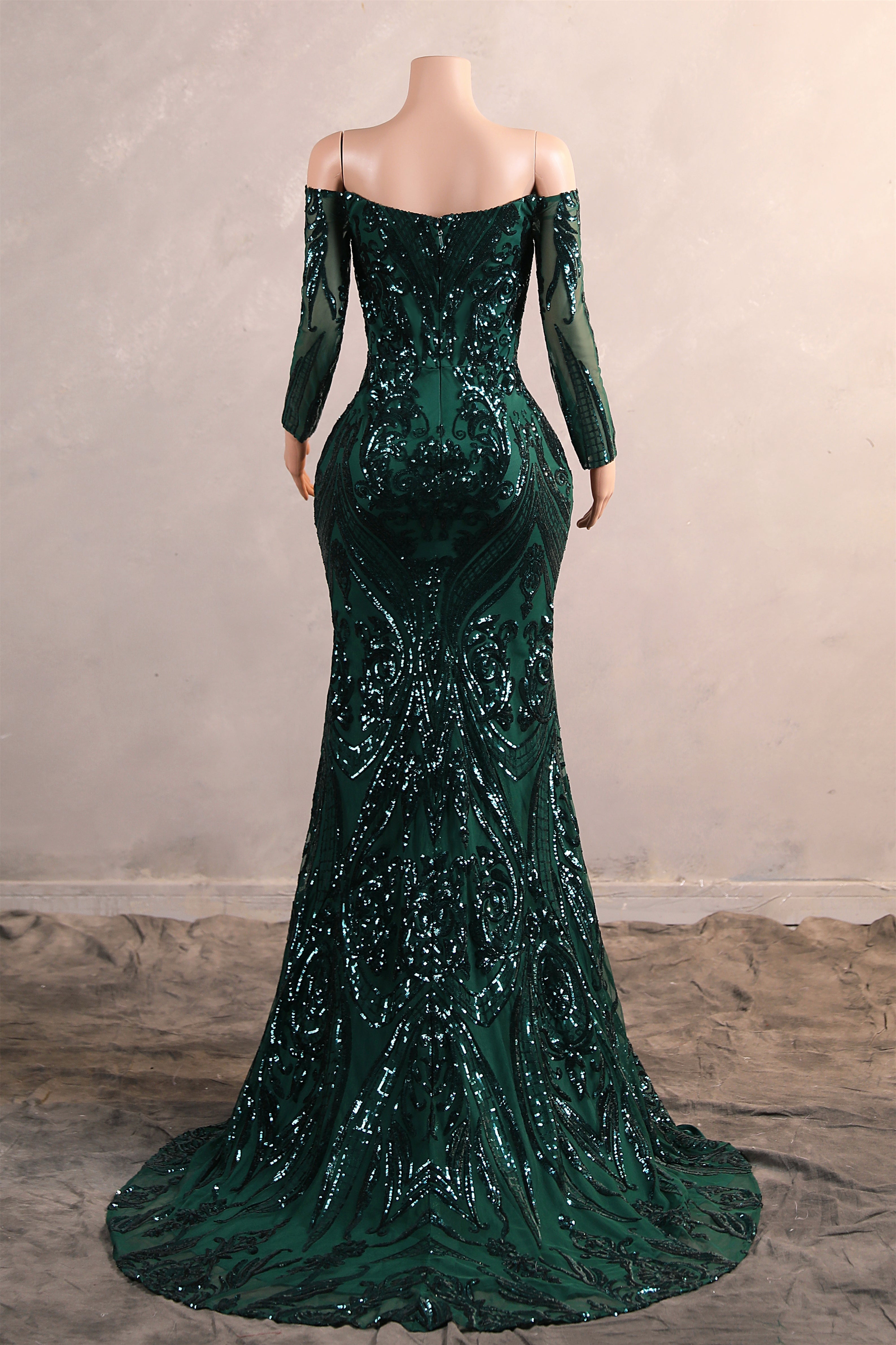 Dark Green Off-The-Shoulder Long Sleeves Sequin Mermaid Prom Dresses
