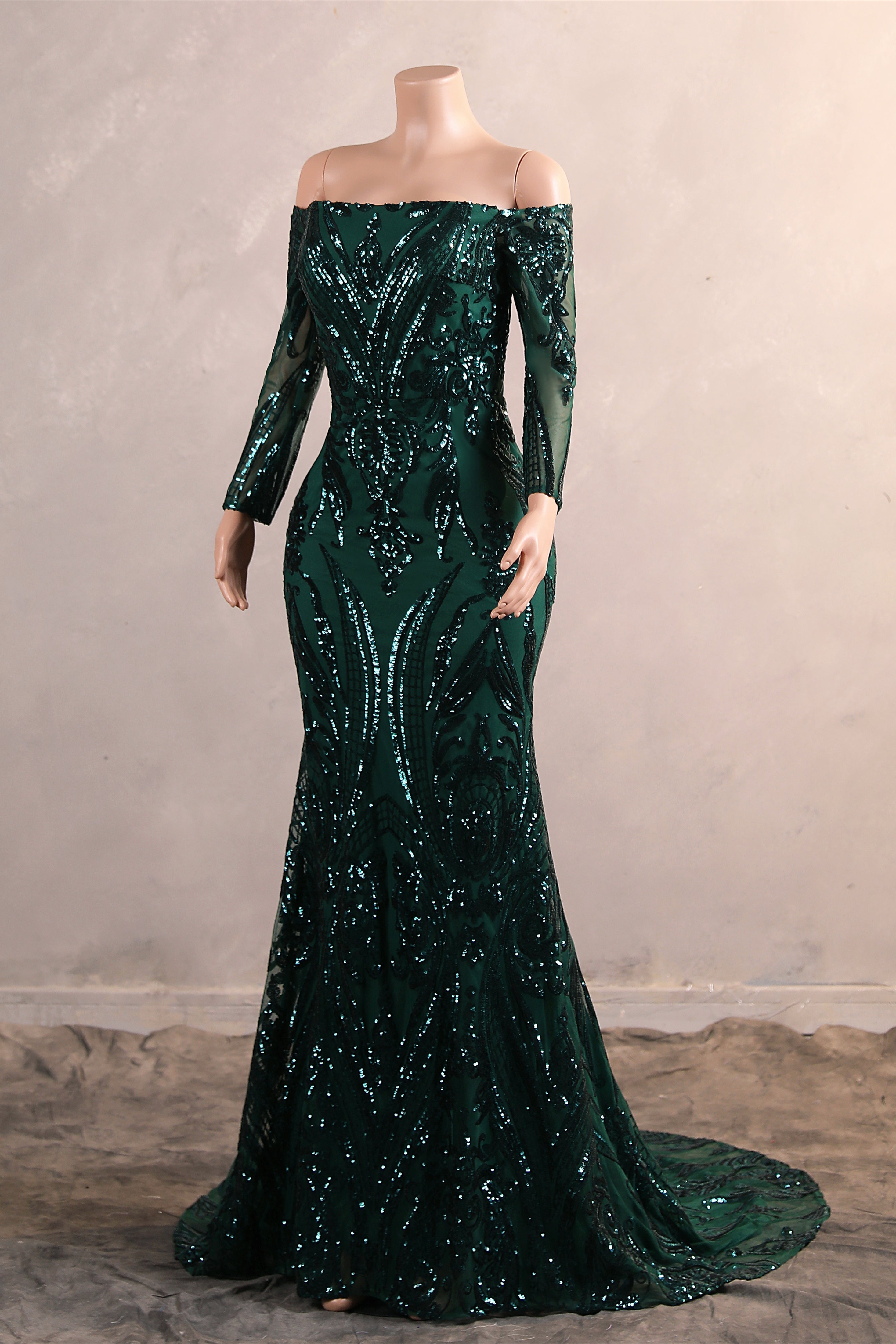 Dark Green Off-The-Shoulder Long Sleeves Sequin Mermaid Prom Dresses