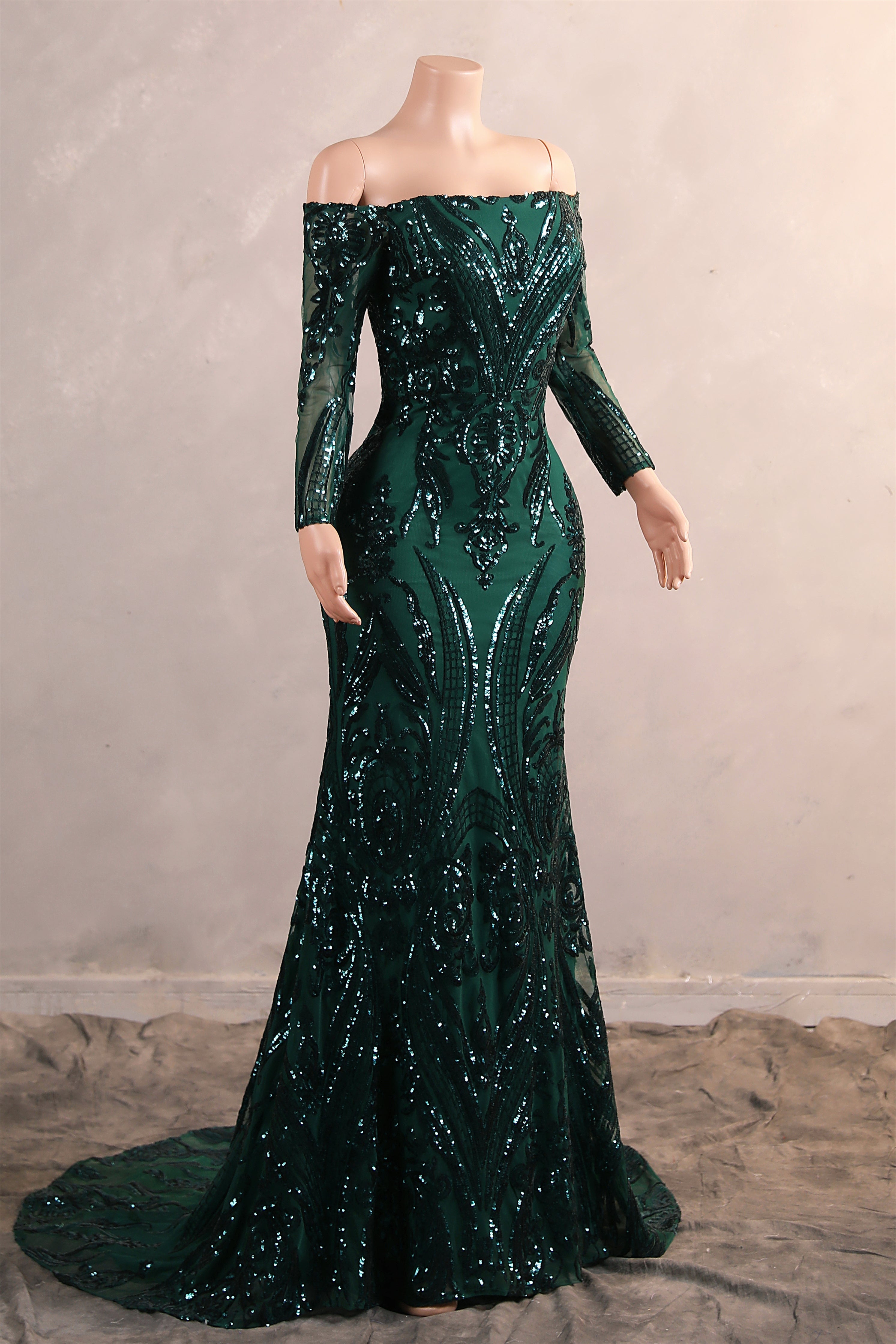 Dark Green Off-The-Shoulder Long Sleeves Sequin Mermaid Prom Dresses