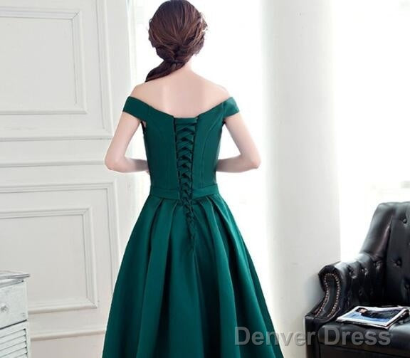Dark Green Off The Shoulder Satin Long Prom Dress, Long Prom Dresses