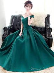 Dark Green Off The Shoulder Satin Long Party Dress, Long Formal Dress
